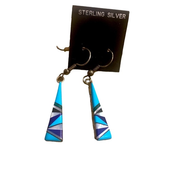 Earrings | Sterling Silver Triangle Design Ocean Blue Purple White New - Picture 1 of 5